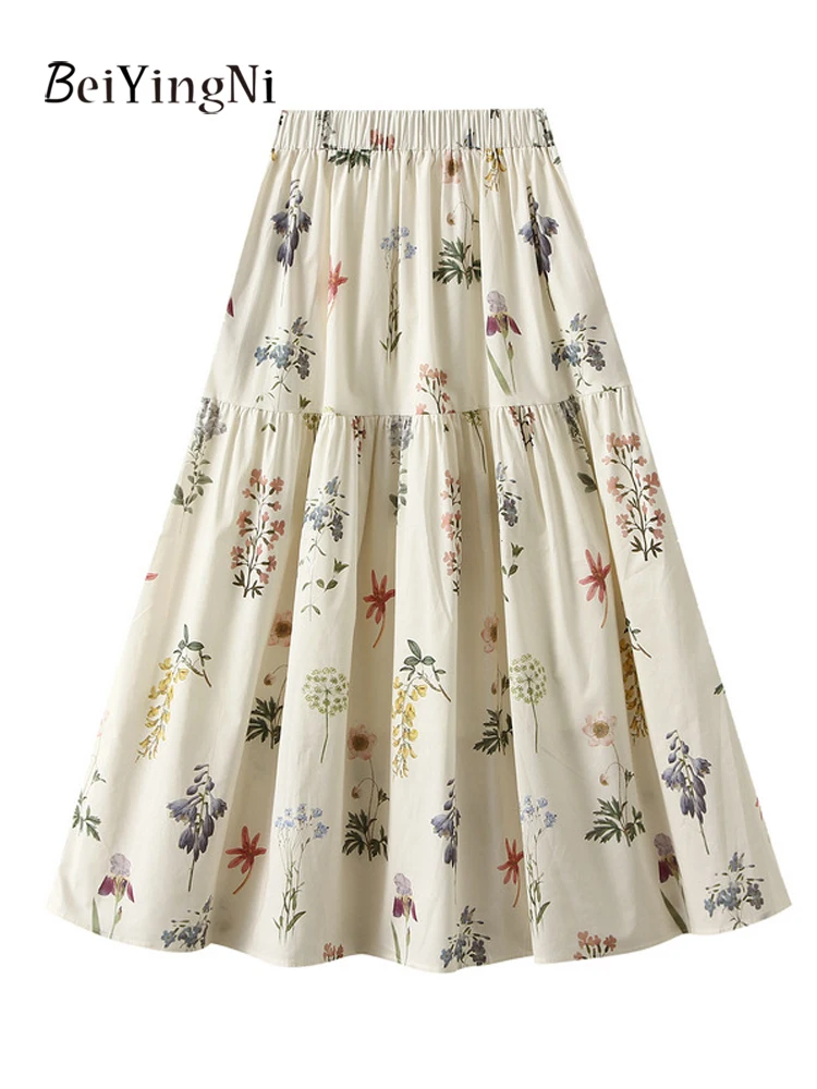 

Beiyingni 2025 Summer Women's Skirt Floral Printed Casual Vacation Long Midi A-line Skirts Female Pockets Korean Fashion Faldas