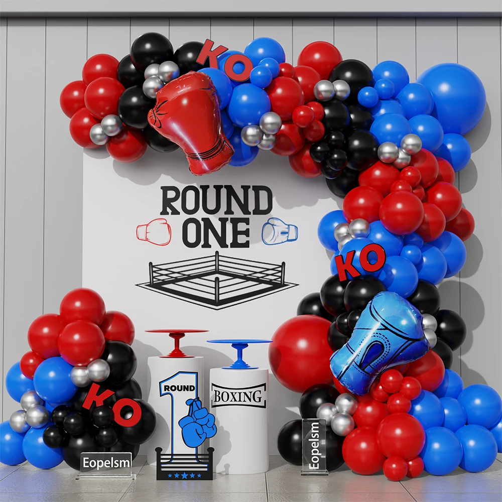 

116Pcs Boxing Glove Balloon Garland Kit Red Blue Black Balloon Arch Round One Wrestling Sport Themed Birthday Boxing Party Decor