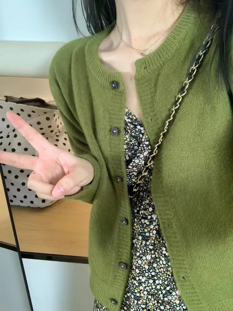Cárdigan de punto verde mostaza para mujer, estilo retro, suave y holgado, para primavera y otoño, suéter corto tipo chaqueta.
