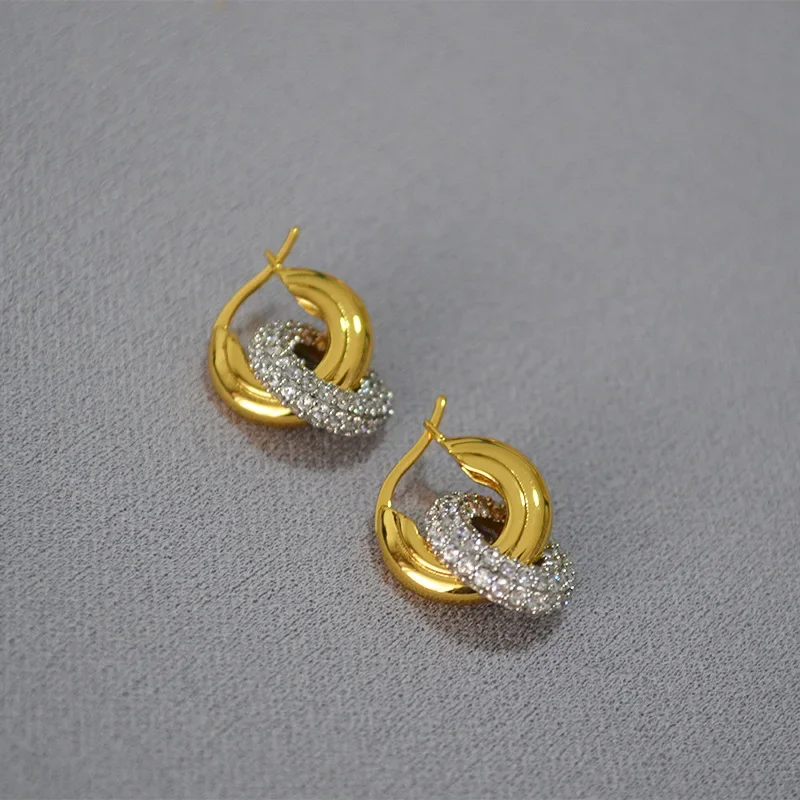 Fashion feature double ring zircon simple earring inset contrast color brass gold plated high-grade ear ring