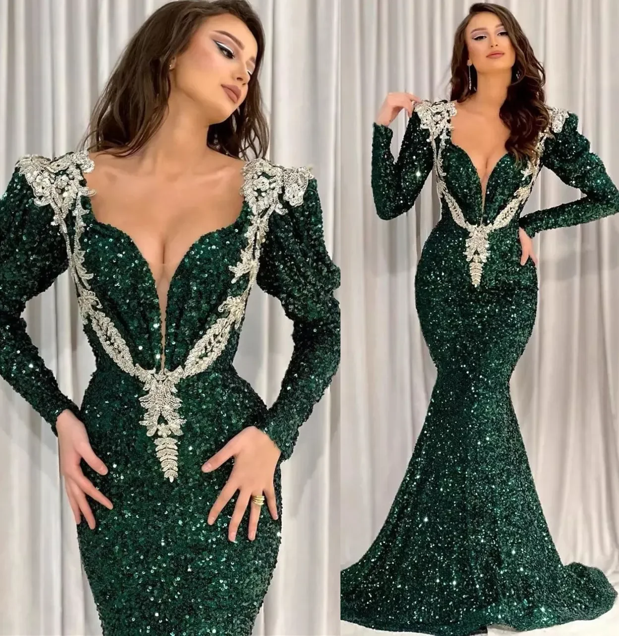 Aso Ebi-vestidos de graduación de sirena verde oscuro árabe, mangas largas de encaje, fiesta Formal de noche, segunda recepción, cumpleaños, vestidos de compromiso