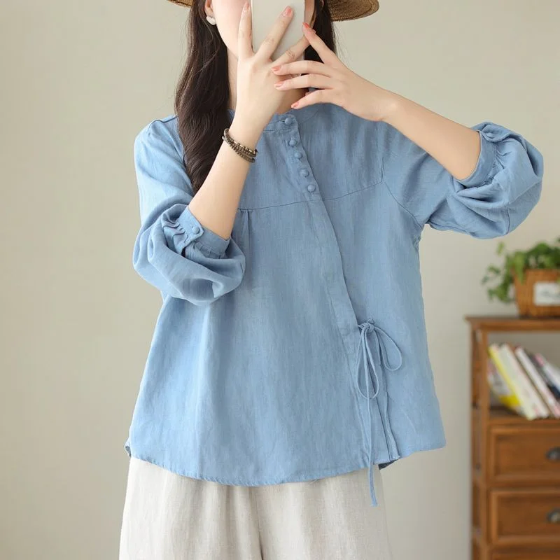 

Women's Clothing Retro Slanted Lace-up Stand Collar Long Sleeve Shirt Solid Color Autumn New Loose Lace-up Top