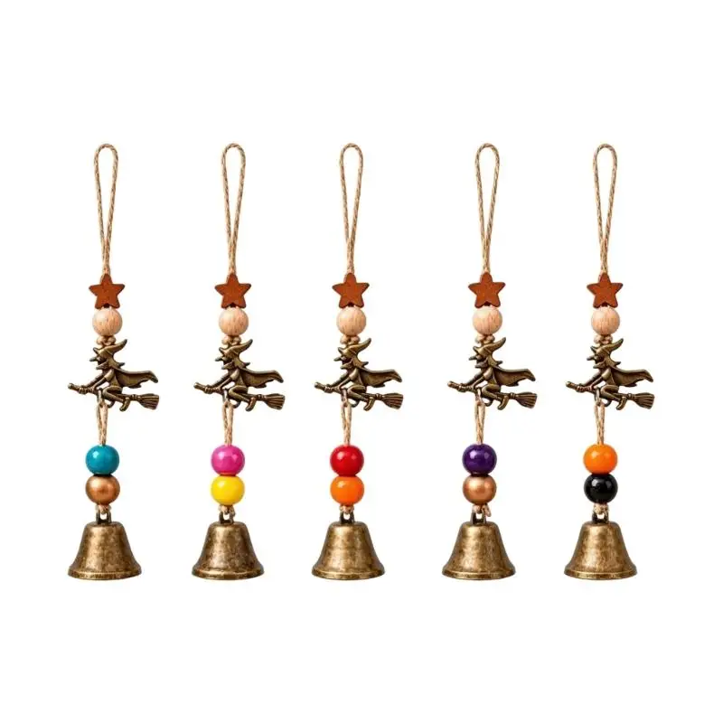 E8BD Witch Hanging Bells Decoration with Braided Cord, Colorful Beads Accent, Witchcraft Accessories for Seasonal Home Displays