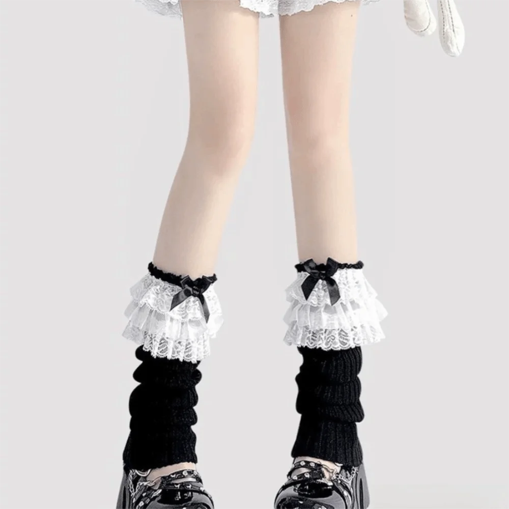 New Ruffled Bow Lace Leg Warmers Tiered Sweet Gothic Style Calf Leg Warmers Lace Trim Foot Warmer Girls Women
