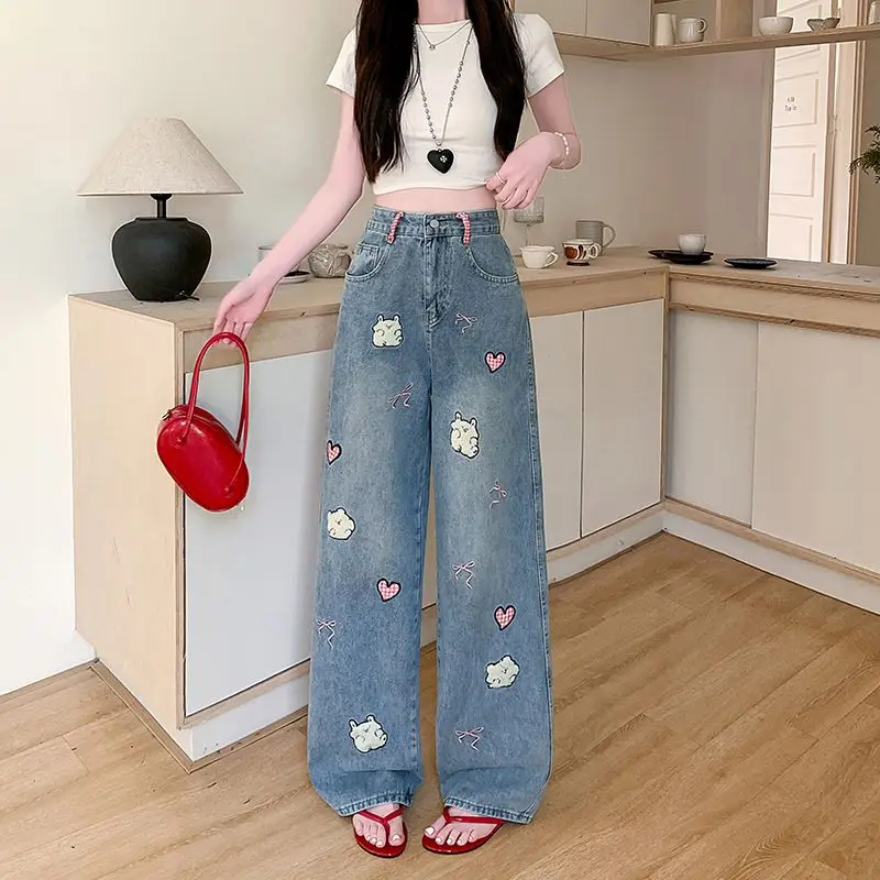 Bow Embroidery Jeans for Women Autumn 2025 New High Waisted Appliques Wide Leg Pants Retro Casual Blue Straight Denim Trousers