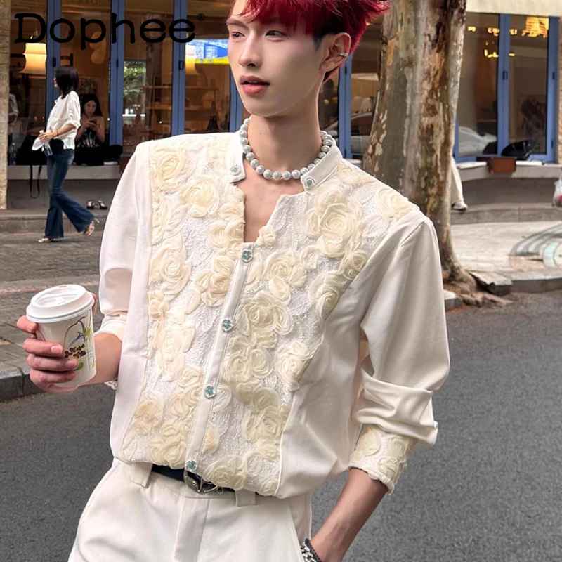 

2025 Men's Autumn New Embroidered Jackets Shoulder Pads Fashion Lace 3D Rose Shirt Gentleman Stylish Handsome Long Sleeve Shirts