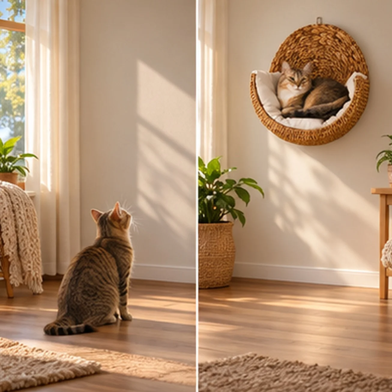 Handwoven Cat Hammock Wall Mounted Bed 40 by 40 cm Woven Basket with Plush Cushion for Senior Cats Napping Space Saving for