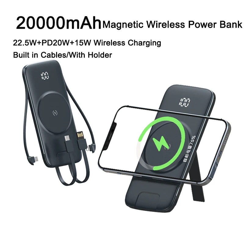 20000mAh Magnetic Wireless Power Bank for iPhone 15 Huawei Xiaomi PD22.5W Fast Charging Built in Cable Holder Portable Powerbank