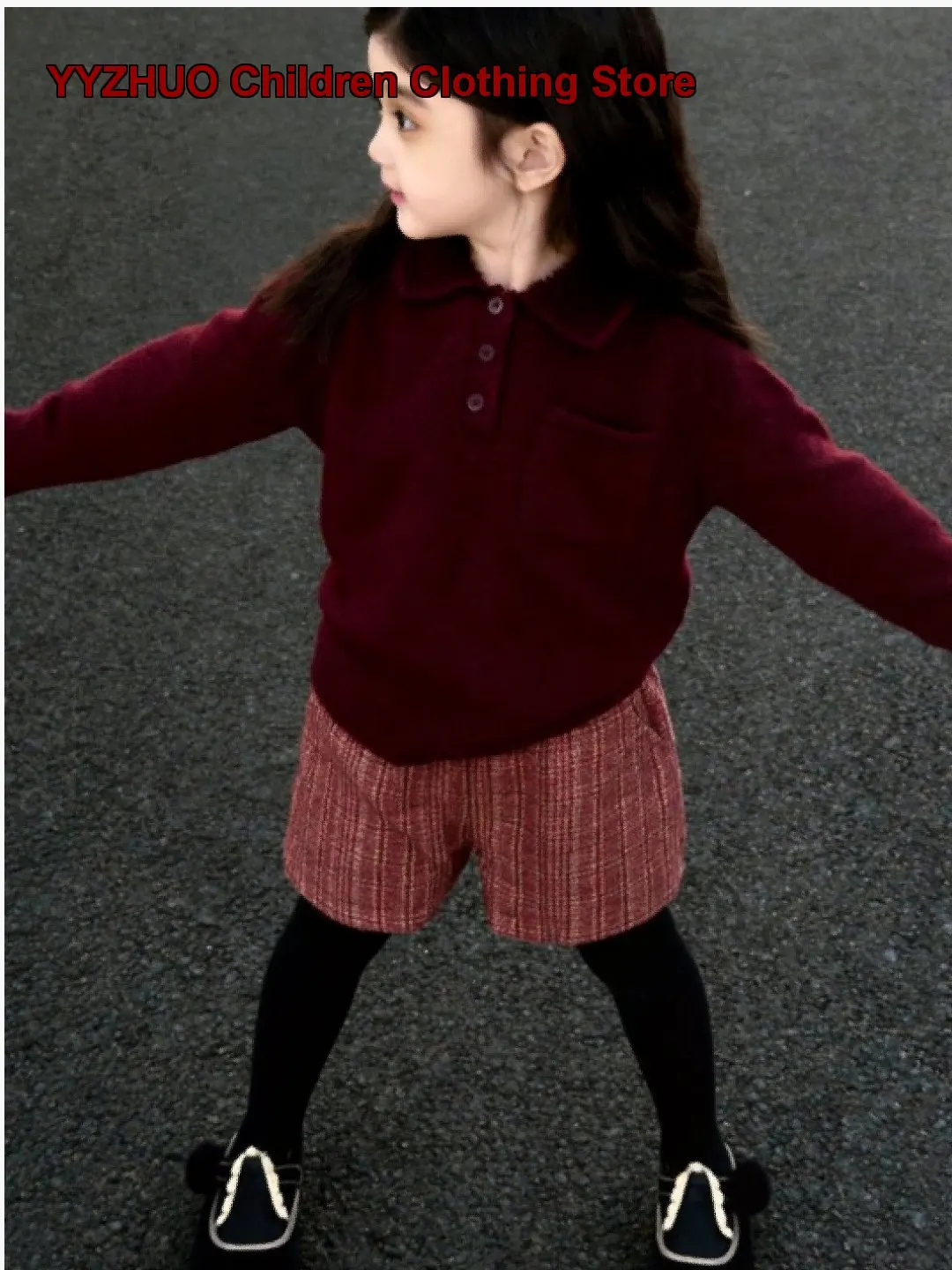 Women Girls Spring Autumn Collar Red Knit Top Solid Color Hot Sale Kids
