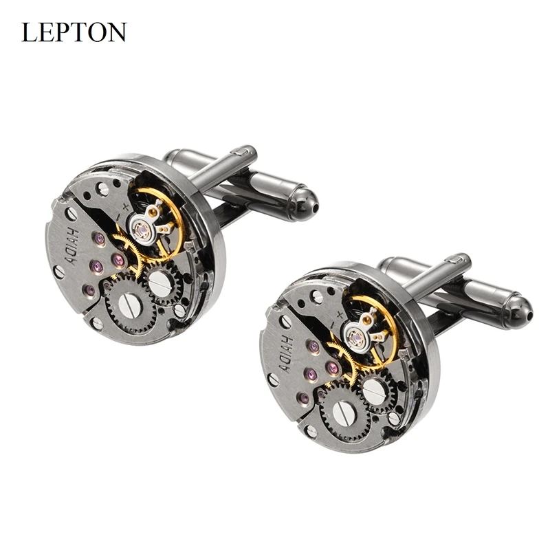 Hot Watch Movement Cufflinks For Immovable Lepton Black Color Steampunk Gear Watch Mechanism Cuff links for Mens Relojes gemelos