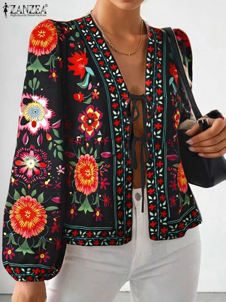 Damska bluzka z nadrukiem w stylu boho ZANZEA 2025 letni sweter topy moda z długim rękawem koszula wakacyjna damska plaża Blusas tunika