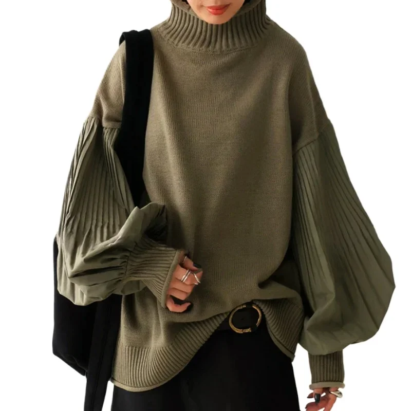 

2026 Spring Autumn Temperament Women's Wear Elegant Turtleneck Sweater Patchwork Ruffled Sleeves Loose Casual Knit Sweater Coat