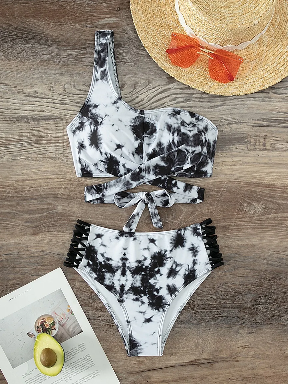 Jednoczęściowy strój kąpielowy typu bandeau z jednym ramiączkiem, seksowny, damski, tie-dye, z wysokim stanem, kostium kąpielowy, strój plażowy, na plażę, do pływania, kolekcja 2026.