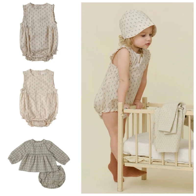 BENE Same Style 2026 Summer Cotton-print Blue Cherry Long-sleeved Shirt Flowered Bloomers Loose-fitting Suit Baby Romper