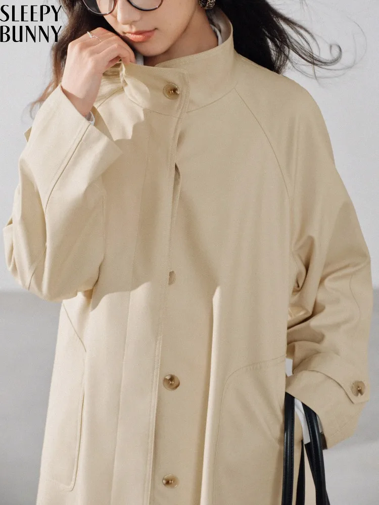 

British Long Trench Coat Stand Collar Belted Overcoat Women Autumn Elegant Commuter Outerwear Slim Fit Minimalist Fashion Jacket
