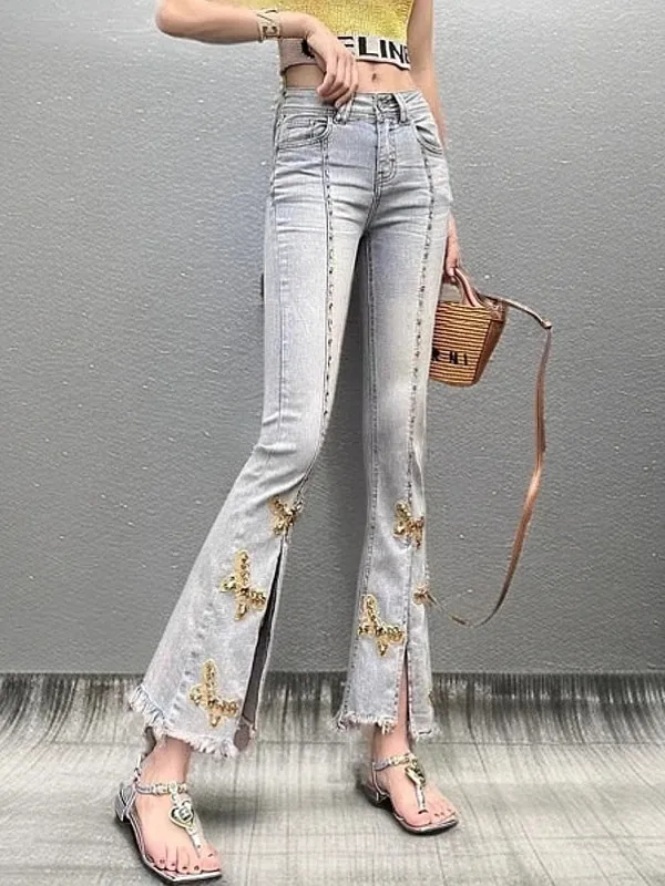 

Джинсы женские прямые с высокой талией, весенние, с микро-клешом, длиной 7/8, повседневные, с множеством пуговиц