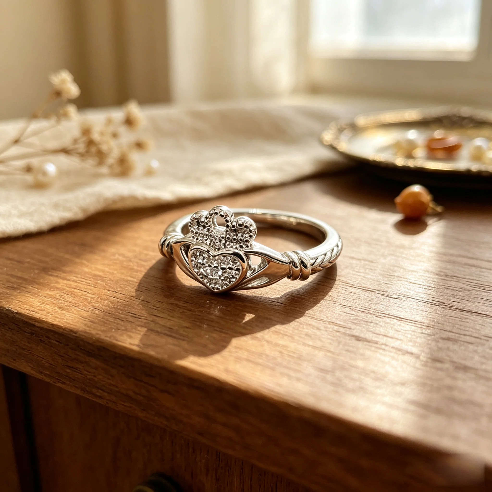 Irish Vintage Heart Crown Claddagh Ring Silver Plated Shiny Zircon Adjustable Open Finger Ring Love Promise Stress Relief Gift