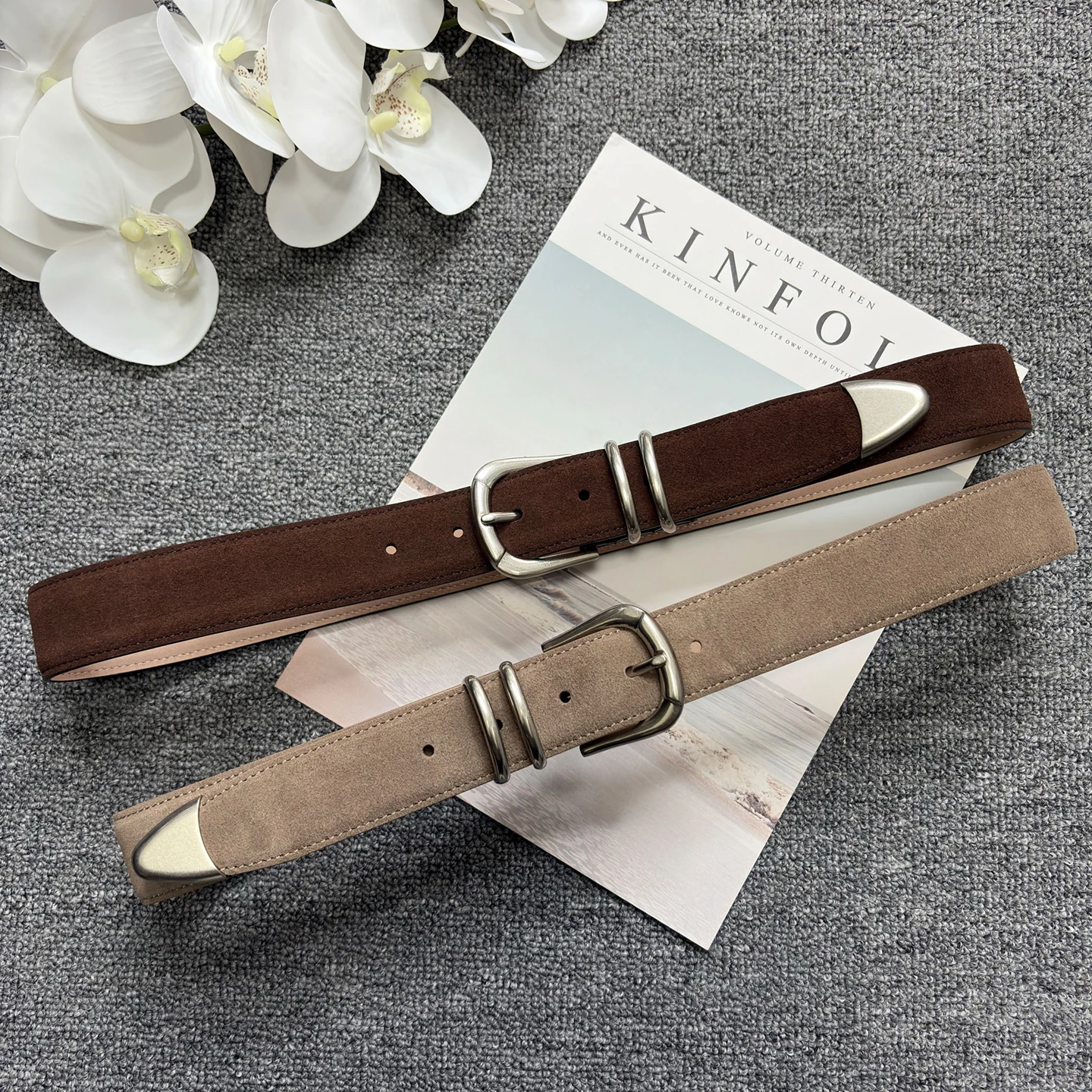 Women's Genuine Leather Slim Belt with Silver Buckle Decor, Fashionable and Versatile for Denim Jeans, No-Pocket Design