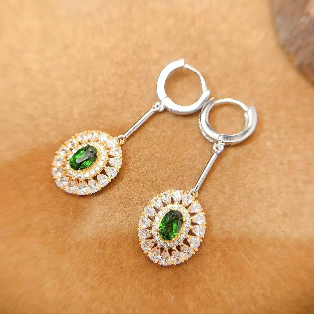 KJJEAXCMY-S925 Silver Plated New Earrings for Women, Fine Jewelry, Dazzling, Natural Diopside, High Clarity, Eye-Catching