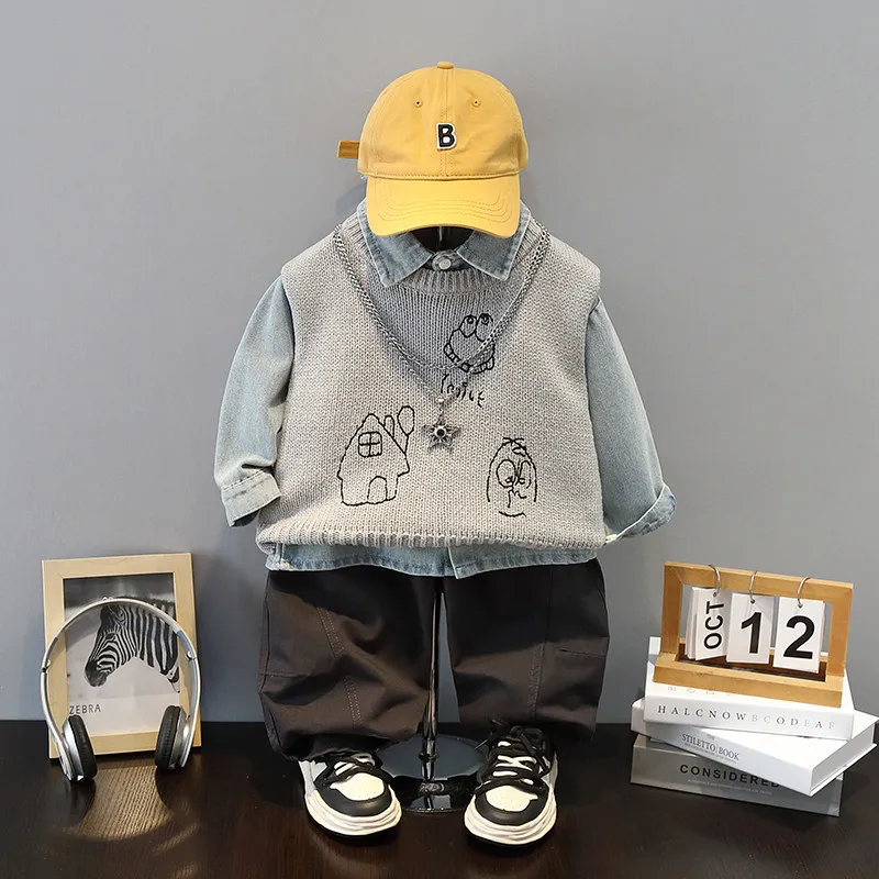Korean Style Boy Knitted Vest+Cowboy Shirt+Pants Set Spring Autumn Fashionable Cute 3-Piece Outfit for Children 2-10 Years