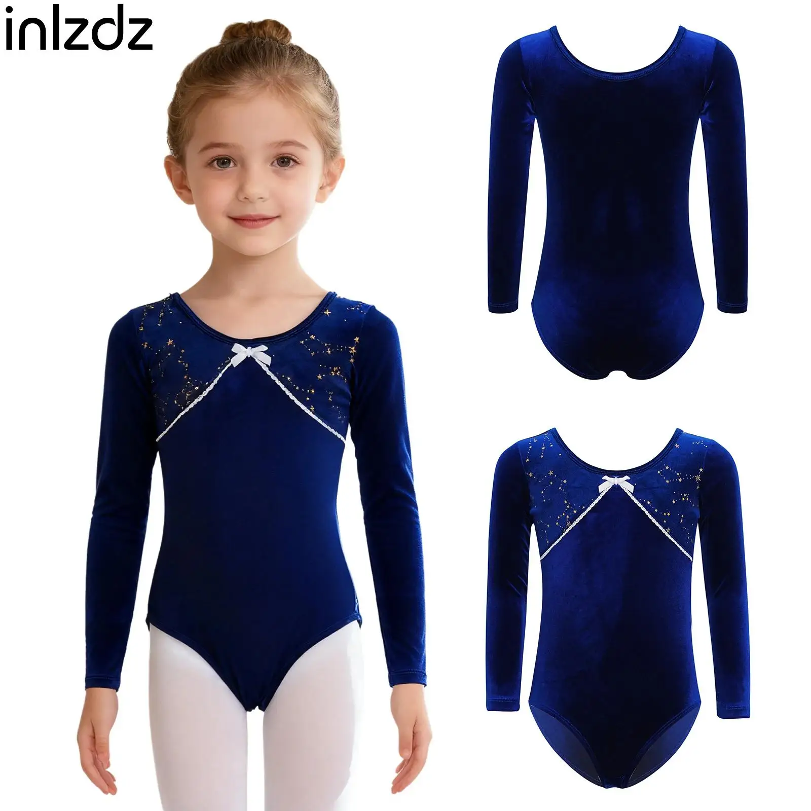 

Kid Girl Cute Ballet Dance Leotard Practice Costume Long Sleeve Velvet Metallic Stars Bodysuit Performance Competition Dancewear