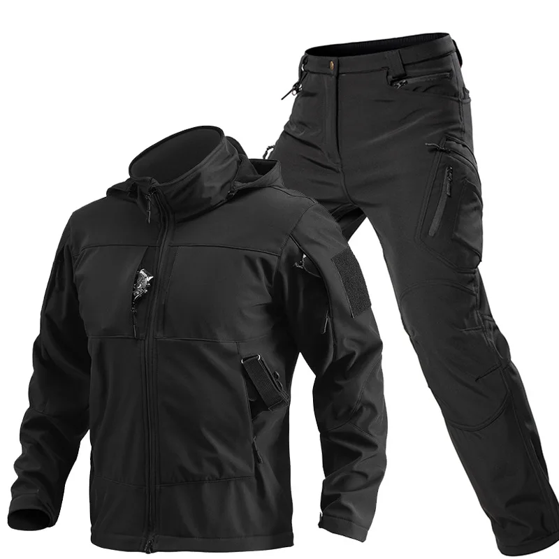 Outdoor Tactical Softshell Suit for Men Hooded Full Zip Jacket Cargo Pants Windproof Multi‑Pocket Set for Hunting Hiking Camping view 3