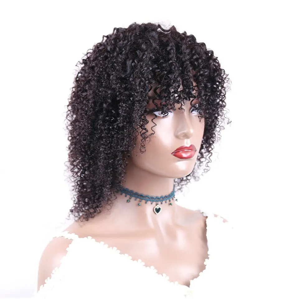 Kinky Curly Wig With Bangs Remy Brazilian Hair Full Machine Made Wigs Natural Color 10-30 Inch Curly Fringe Human Hair Wig