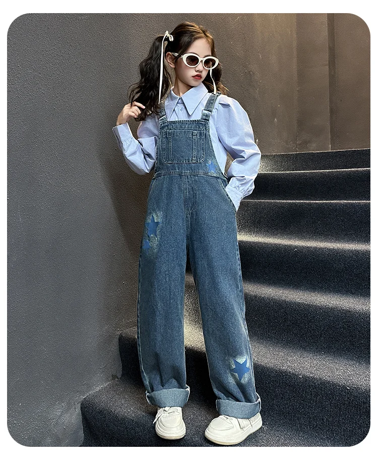 Modische Kinder-Jeans-Overalls für Babymädchen, Blaue Denim-Latzhose mit Trägern, Größe 5 6 7 8 9 10 11 12 13 14 – Detail 5