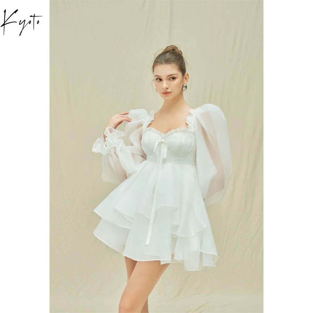 

Kyoto White Heart Shaped Neckline Puff Sleeve Wedding Dresses Ball Gown Customized فساتين سهرات Tiered Ruffle vestidos de novia