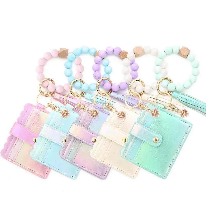 Adorable Girls Card Holder Gradient Color Wallet Heart Charm Silicone Bead Bracelet Leather ID Case - Fashionable Organizer