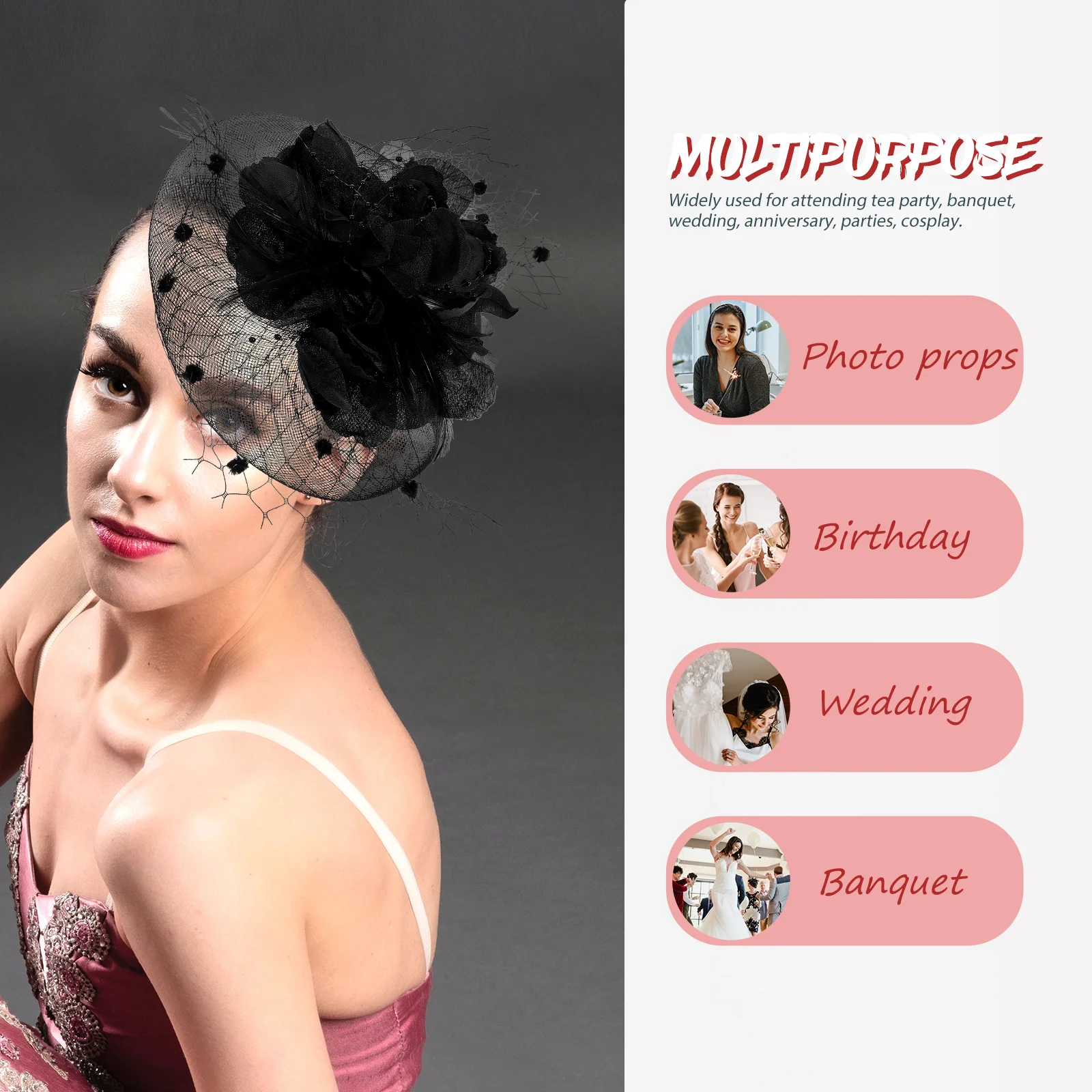 

Mesh Flower Headdress Red Bridal Hair Accessories Women Fascinator Hat Wedding Banquet Tea Party Hair Tools Hairstyling
