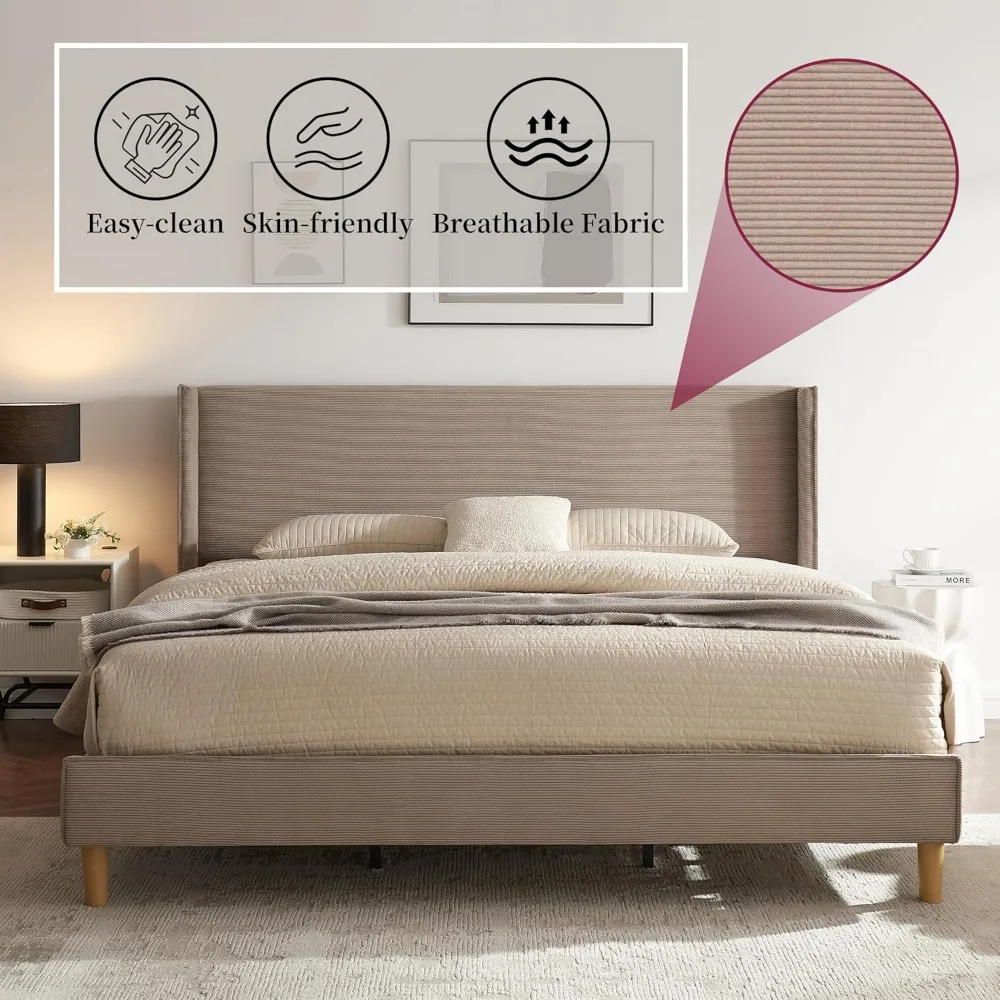 إطار سرير بمنصة منجدة بحجم كينج مع لوح رأسي حديث مجنح، إطار سرير سروال قصير مع مساحة تخزين سفلية، شرائح خشبية #3