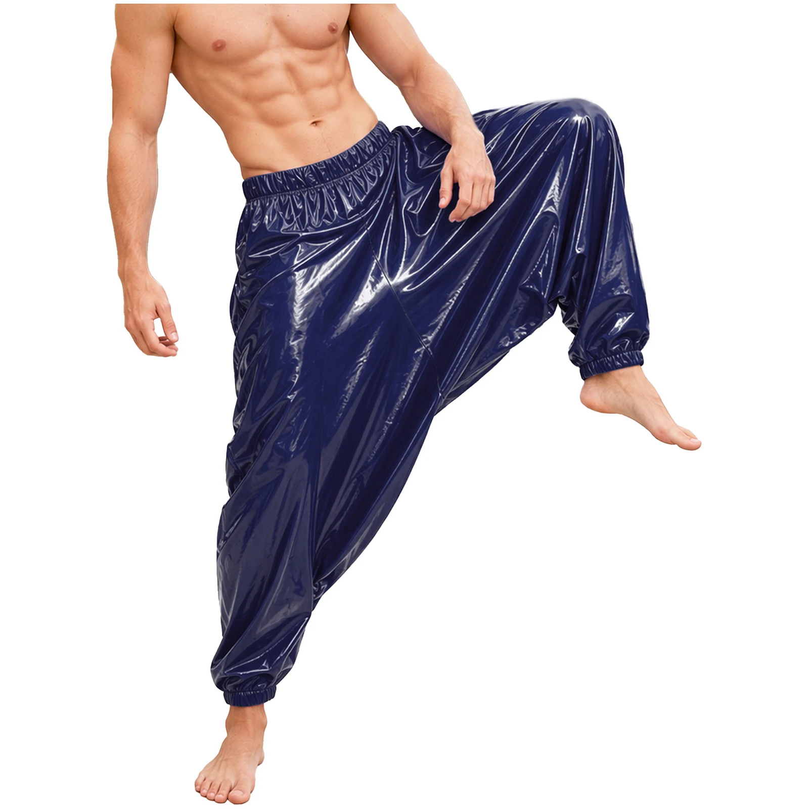 Men Water Resistant Harem Pants Dance Party Clubwear Elastic Waistband Glossy Baggy Trousers with Pockets for Holiday Pool Beach
