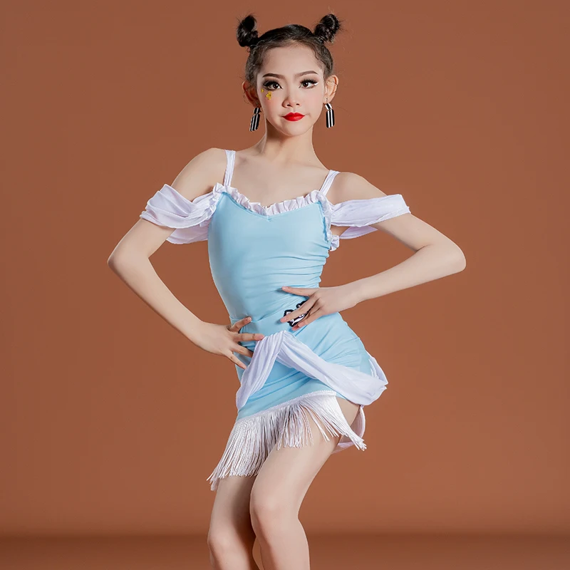 ชุดฝึกซ้อมมาตรฐานประสิทธิภาพระดับมืออาชีพและกระโปรงเต้นรําสําหรับการแข่งขันเต้นรําละตินสําหรับเด็กผู้หญิง