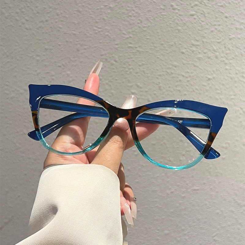 KAMMPT Cat-Eye-Brille für Damen, modische Patchwork-Fassung, lässige Dekoration, optische Fassungen, trendiges, elegantes Design, Blaulichtfilter-Brille