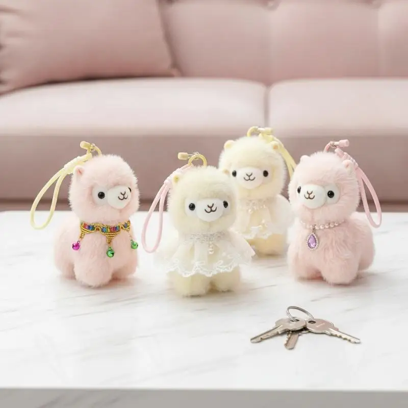 Soft Fuzzy Plush Alpaca Stuffed Doll with Shiny Rhinestone Collar Cute Animal Toy for Baby Shower Gift Nursery Decoration
