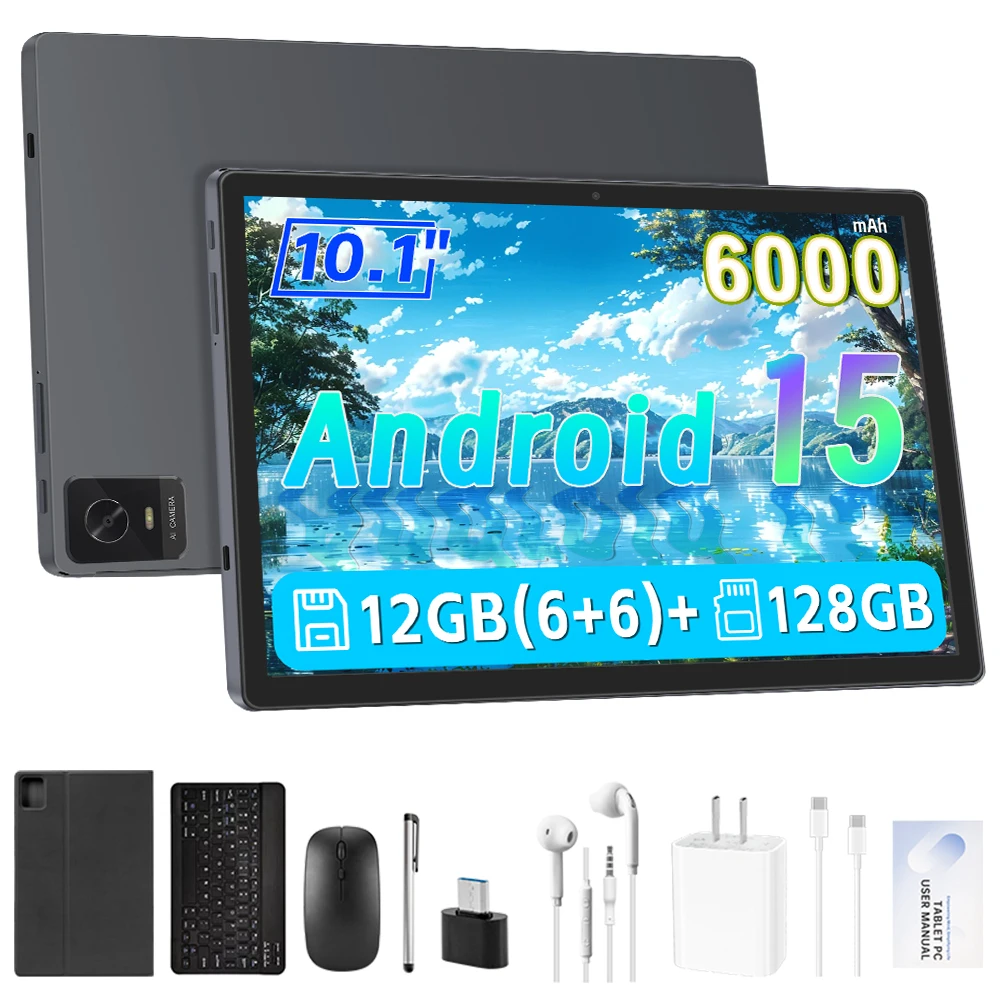 تابلت ANRY Android 2025 مع ثماني النواة، تابلت 10.1 بوصة، 12 جيجابايت + 128 جيجابايت، توسيع 1 تيرابايت، بطارية 6000 مللي أمبير في الساعة، WiFi 6&BT5.0، يدعم GMS