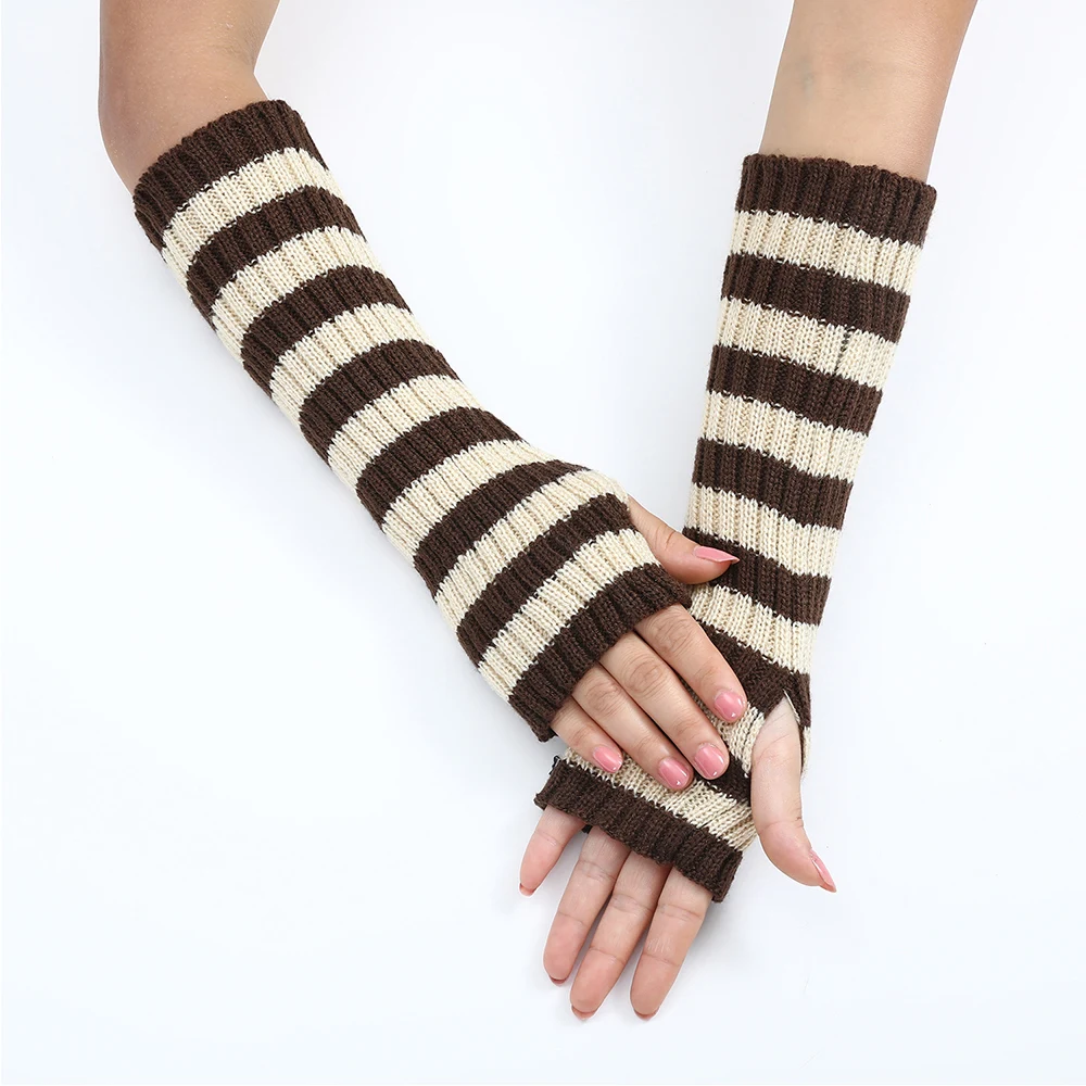 Women's Knitted Fingerless Arm Sleeves Gothic Style Striped Winter Long Arm Warmers Girls Harajuku Y2K Fashion Wrist Gloves