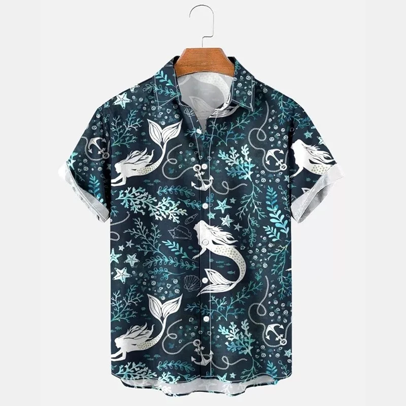 Hawaiian Casual Fashion Shirt Men's Clothing 3d Printed Leaf Lapel Button Shirts Merman Turtle Pattern Sea Beach Soft Blouse