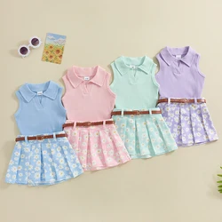 Toddler Baby Girl Summer Skirt Set Solid Ribbed Knit Sleeveless Tank Top and Daisy Print Pleated Mini Skirt Belt 2pcs Outfits