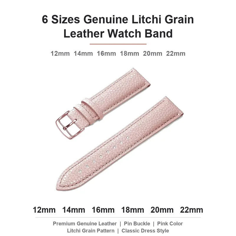 6 Sizes Genuine Litchi Grain Leather Watch Band 12mm 14mm 16mm 18mm 20mm 22mm Replacement Strap with Pin Buckle for Seiko Pink