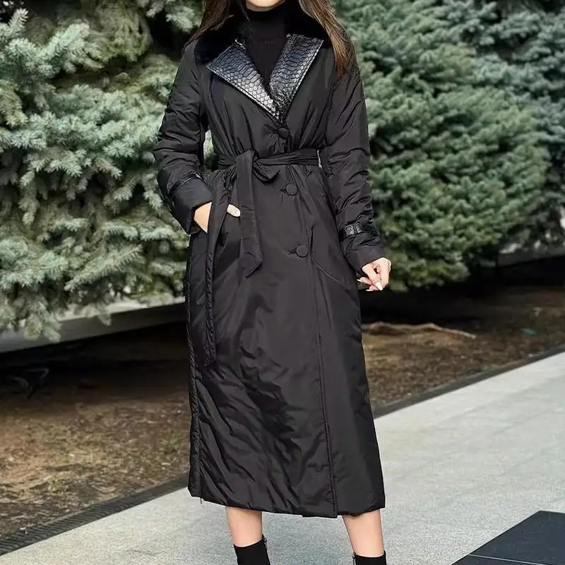 Women Thick Parkas Long Coat Turn Down Collar Spliced Pocket s Single Breasted Full Sleeve Warm Autumn Winter