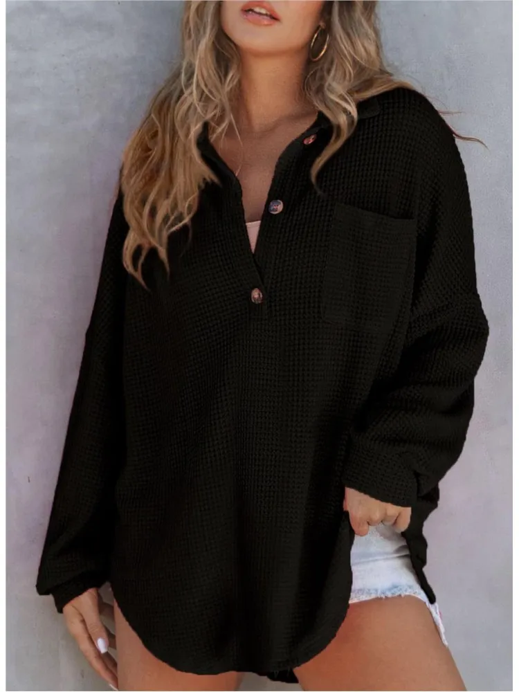 

Casual Solid Loose T Shirt Lady Fashion Long Sleeve Turn-down Collar Button Pullover Tshirts Top For Women Spring Autumn Clothes