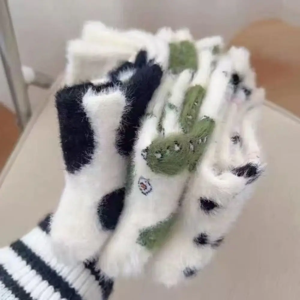 

Kawaii Cow Spots Dinosaur Velvet Socks Winter Warm Soft Fleece Warm Socks Cozy Sweat Absorption Thermal Tube Sox Home Wear