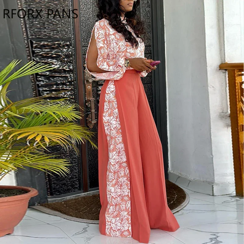 Women Elegant Patchwork Pattern Round Neck Hollow Out Long Lantern Sleeves Wide Leg Pants Sets