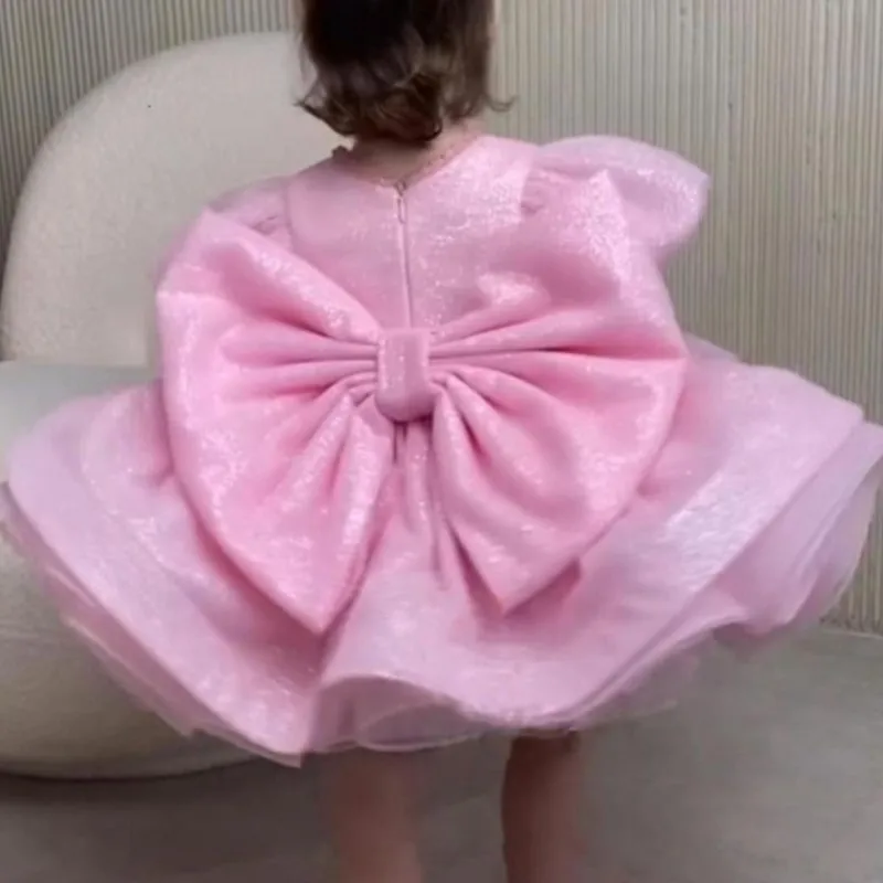 Baby Girl Princess Big Bow Tutu Dress Puff Sleeve Infant Toddler Child Vintage Shinning Vestido Wedding Party Baby Clothes 1-12Y