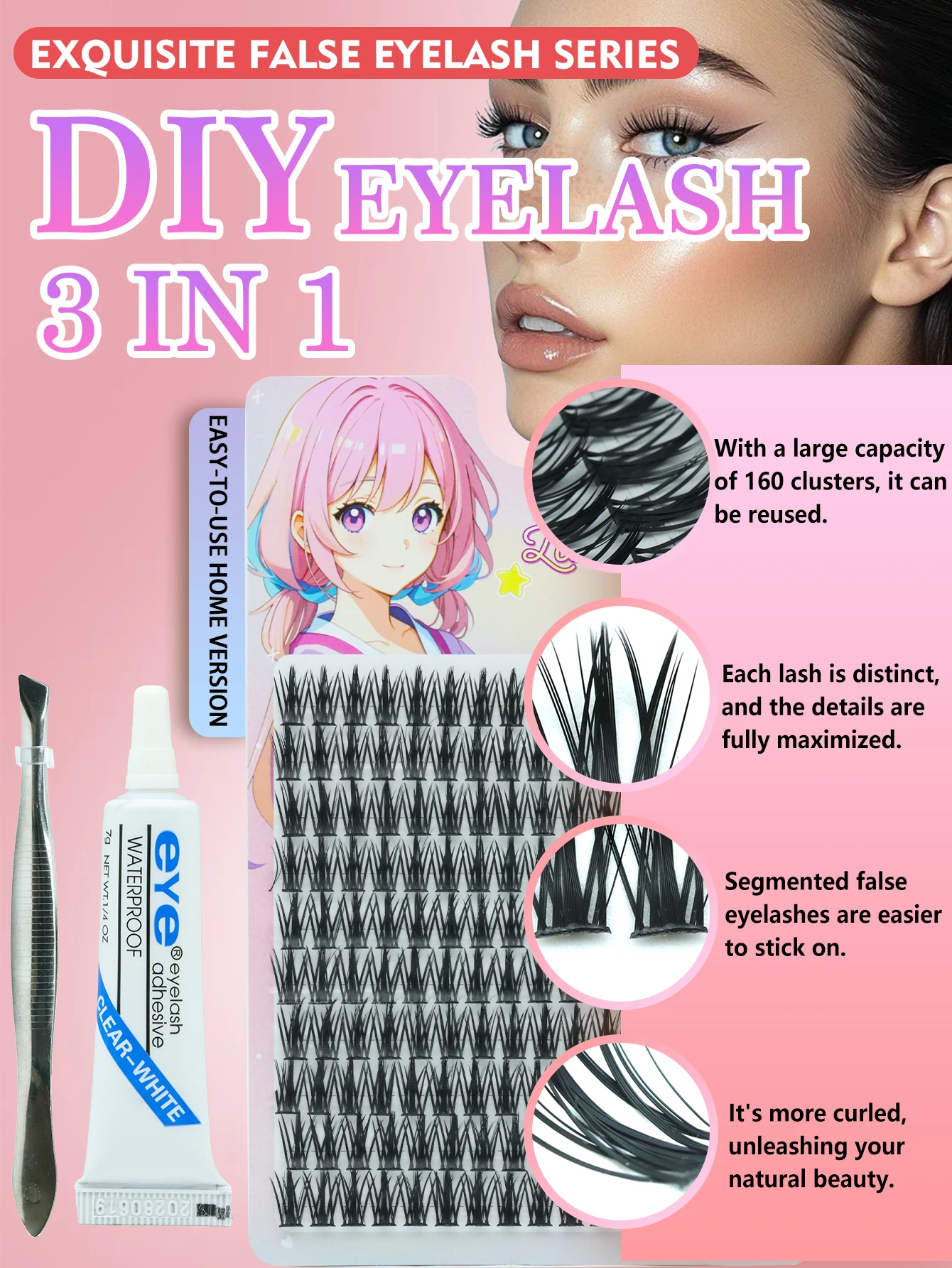 160 clusters of false eyelashes set, including eyelash glue and tweezers, a three-in-one set, high cost performance.