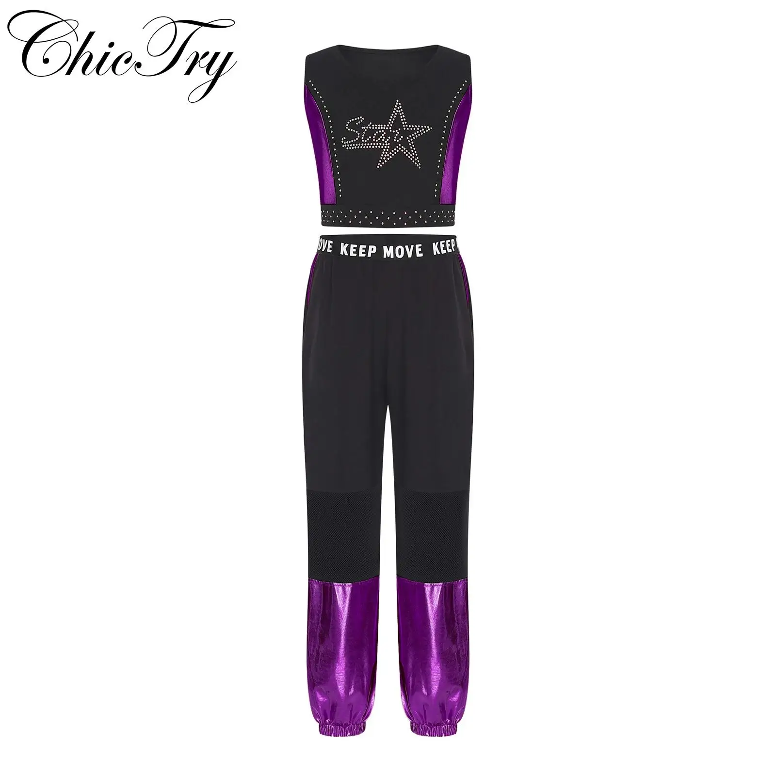 

Kids Girls Ballet Sets Hip Hop Street Dance Outfit Rhinestone Crop Tops and Mesh Jogging Pants for Sportswear Stage Performance