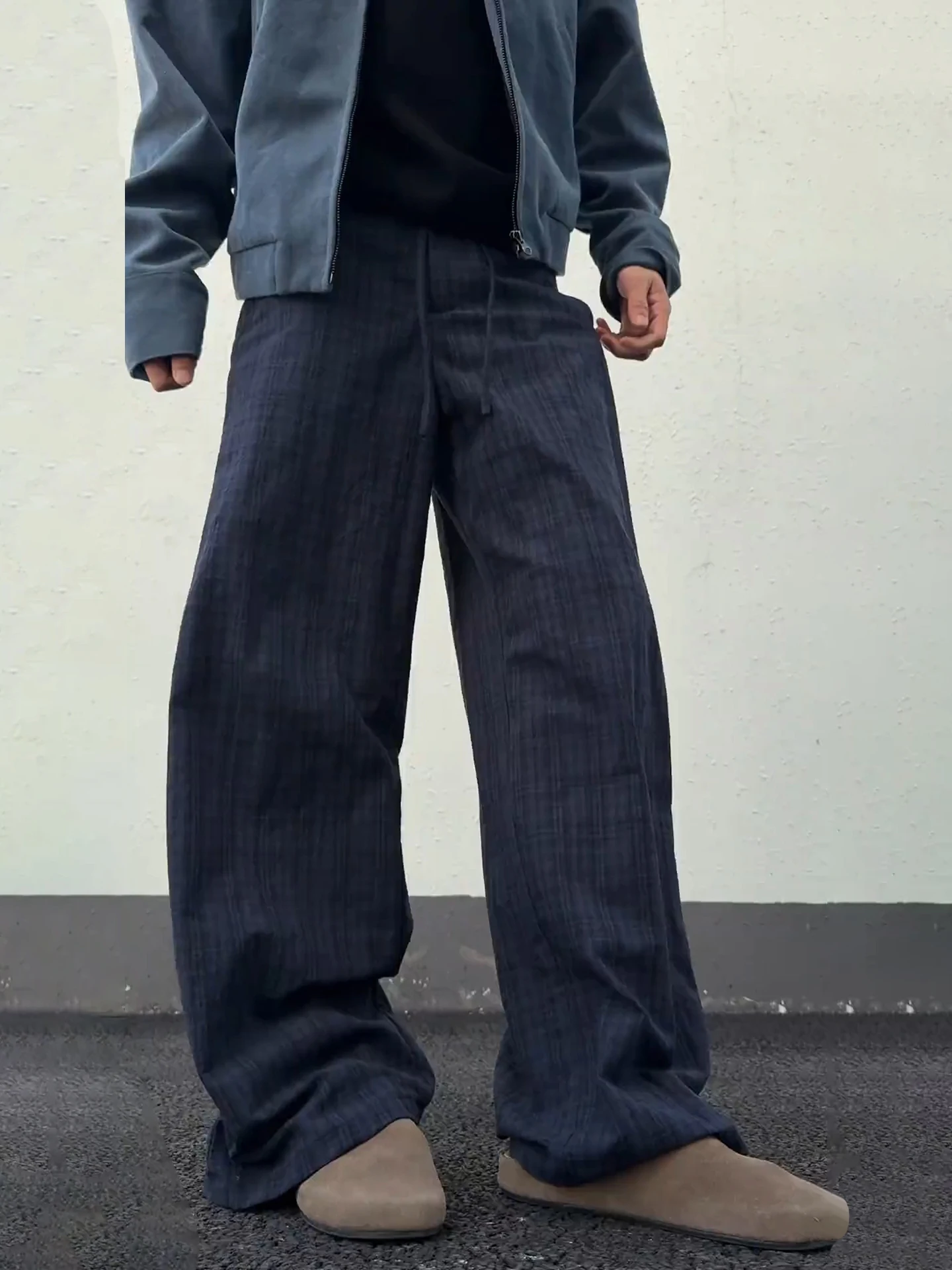 

Deep Blue Plaid Casual Pants Men's Autumn Loose Draped Wide Leg American Retro Straight Cut Leisure Trousers