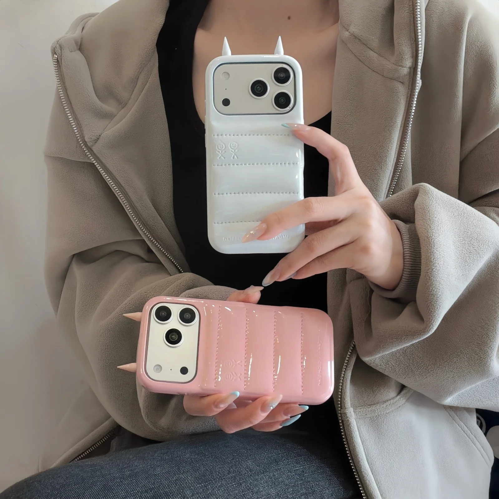 Etui na telefon z kreskówkowymi skórzanymi rogami i pikowanym wzorem, odporne na wstrząsy, do iPhone 17 16 ProMax, pełna ochrona. — zdjęcie produktu 5